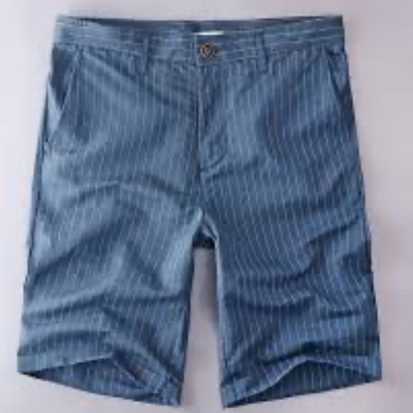 Denim blue cotton pinstriped flat front shorts, size 34 - Picture 1 of 7